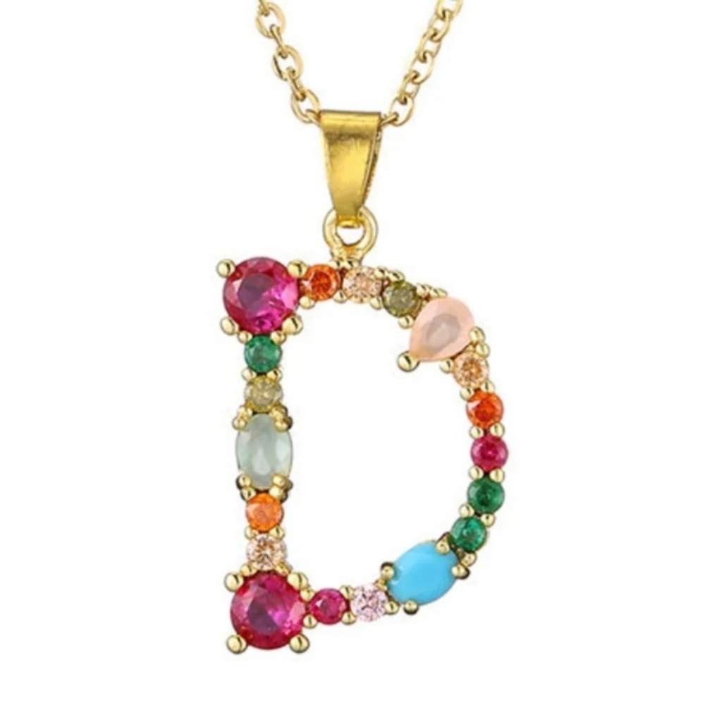 D Initial Pendant Necklace Multicolor Rhinestones Gold Tone Chain